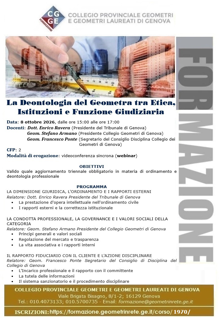 Corso “La Deontologia del Geometra tra Etica, Istituzioni e Funzione Giudiziaria” – 8 ottobre 2026